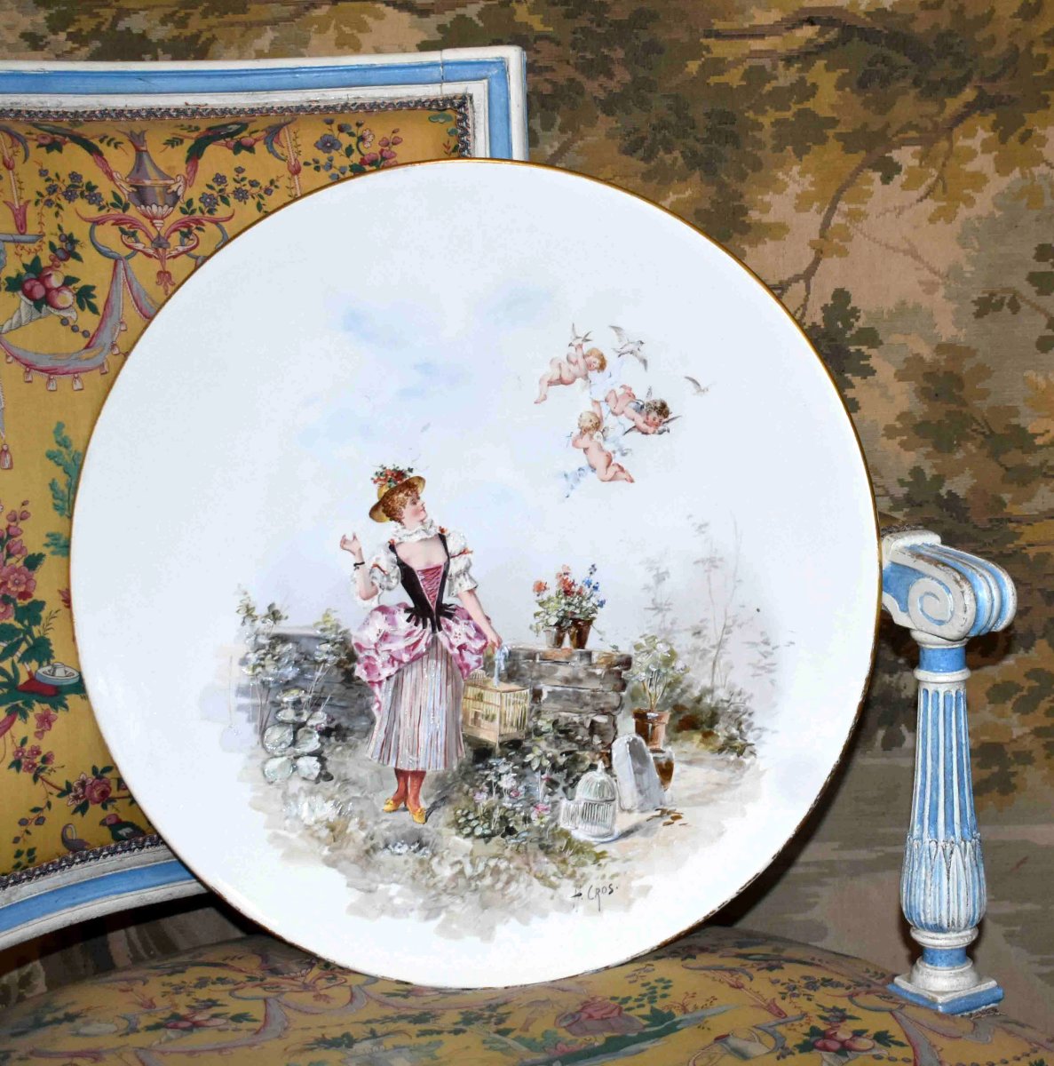 H. Cros  Important Plat Décoratif Peint à La Main, Faïence Fine, XIXe, Décor Femme Et Angelots-photo-2