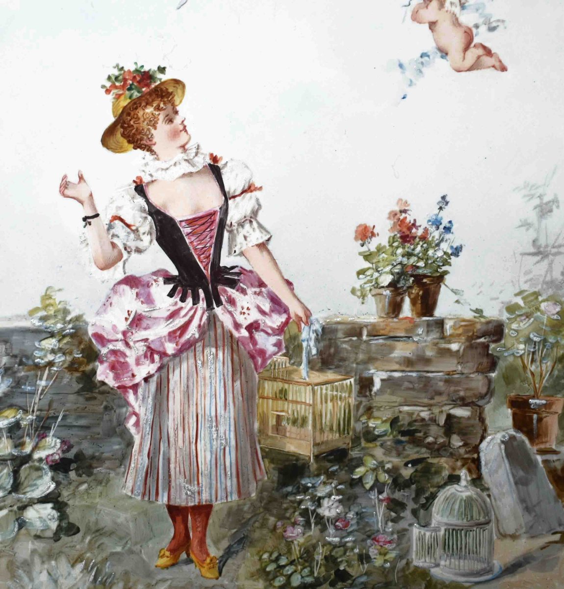 H. Cros  Important Plat Décoratif Peint à La Main, Faïence Fine, XIXe, Décor Femme Et Angelots-photo-3