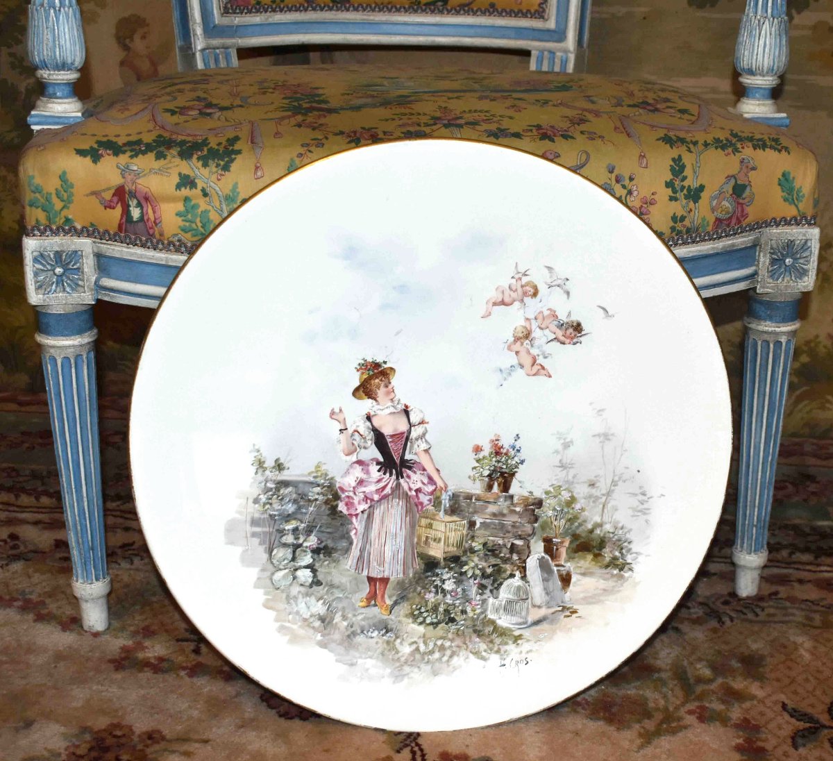 H. Cros  Important Plat Décoratif Peint à La Main, Faïence Fine, XIXe, Décor Femme Et Angelots