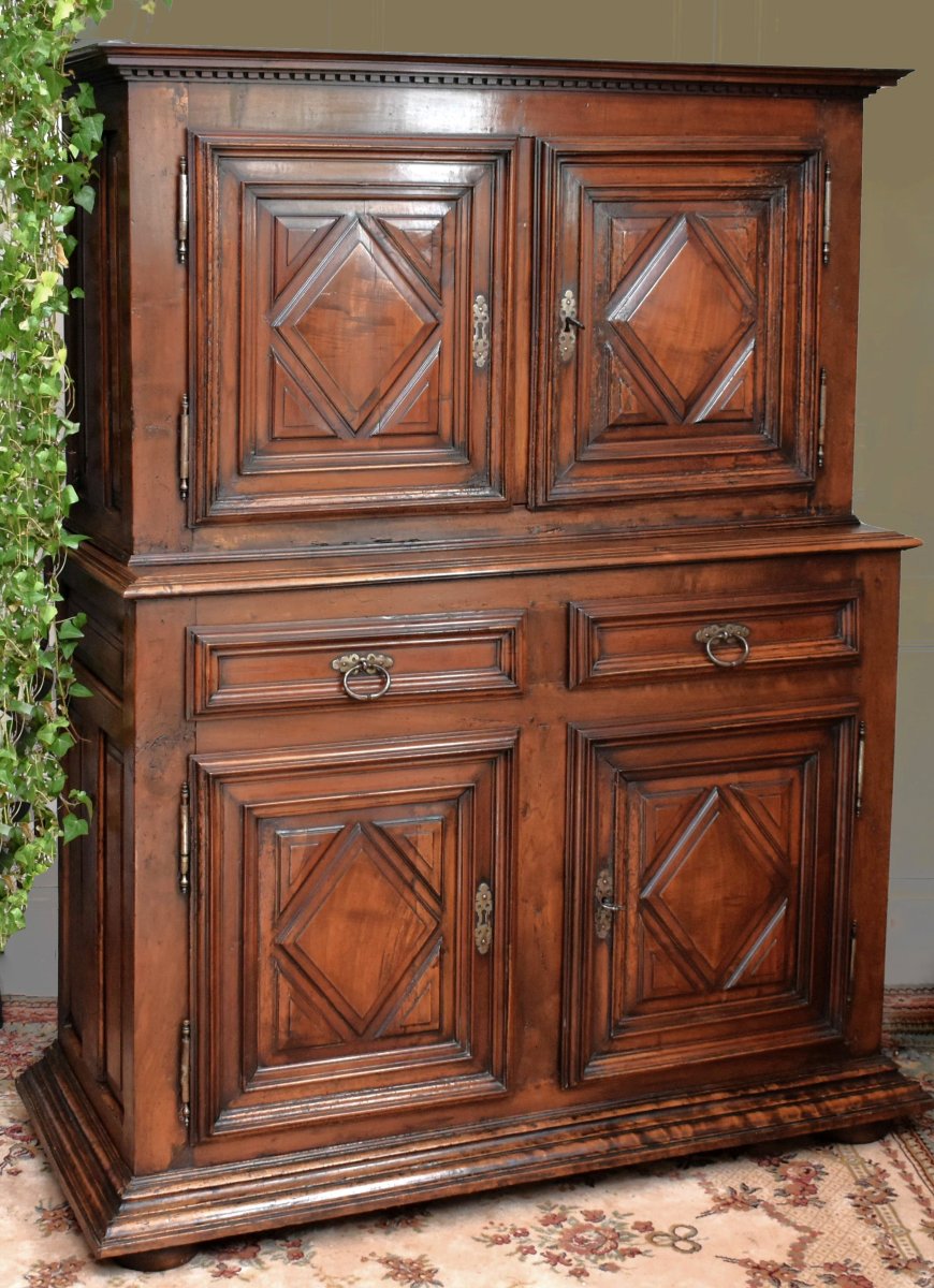Buffet deux Corps, diminutif Louis XIII , 4 portes Pointes De Diamant, XVIIe, quatre vantaux, 2-photo-2