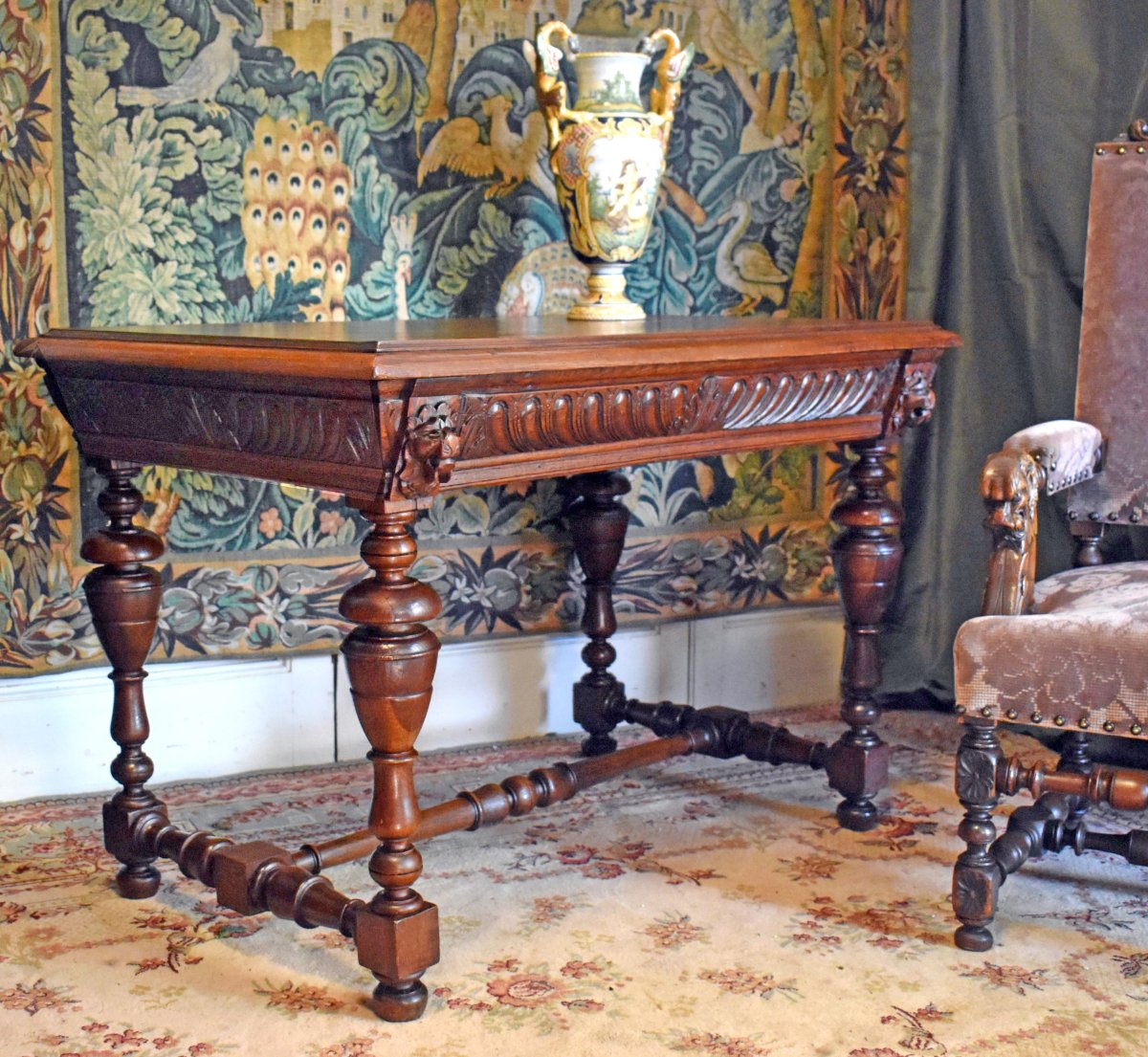  Renaissance-style Console Table—louis XIII, Writing Desk, Center Desk, 19th-century Pedestal Table-photo-2