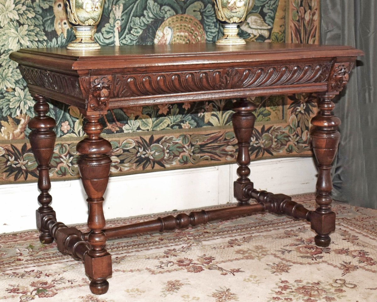  Renaissance-style Console Table—louis XIII, Writing Desk, Center Desk, 19th-century Pedestal Table-photo-3