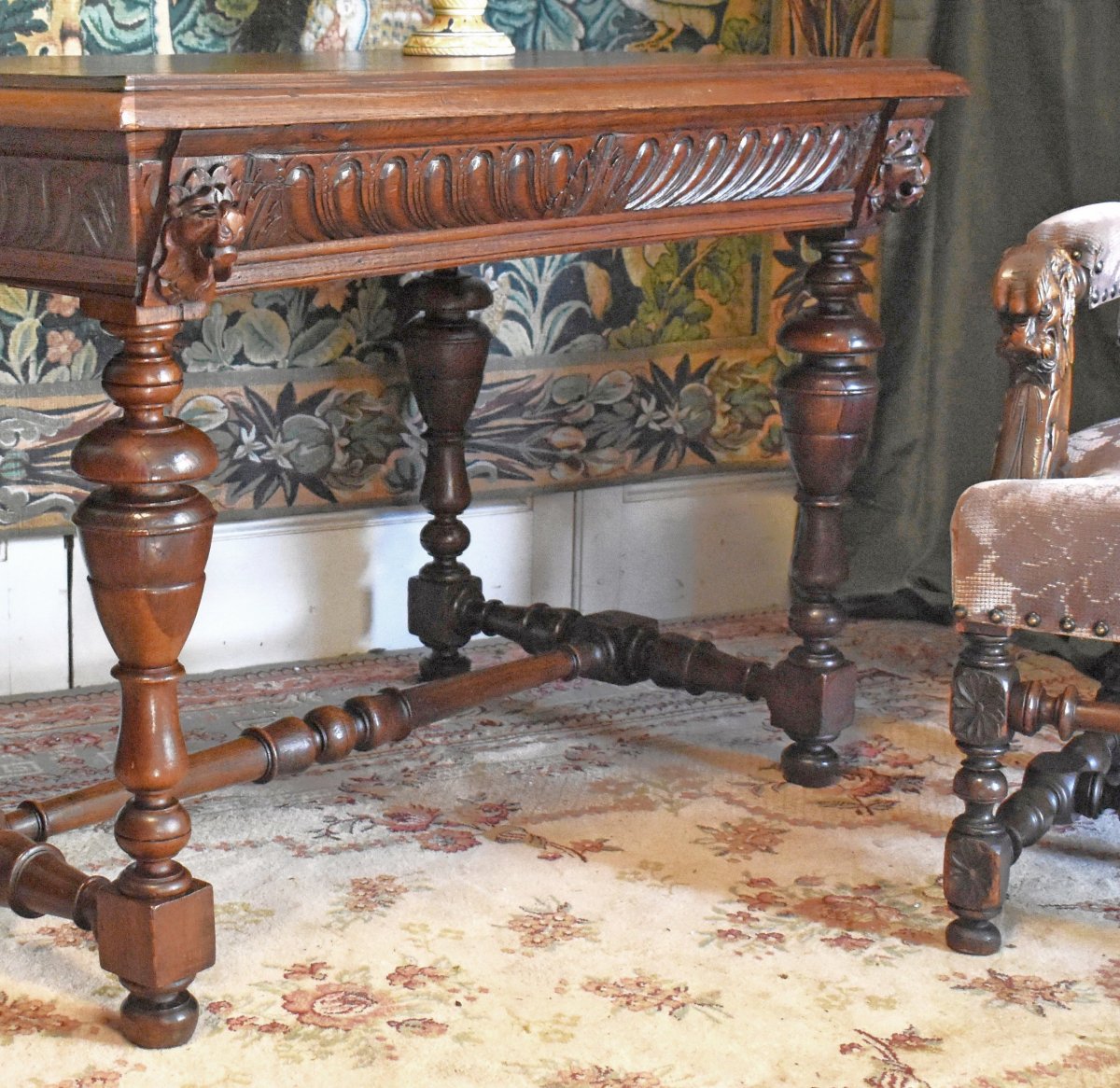  Renaissance-style Console Table—louis XIII, Writing Desk, Center Desk, 19th-century Pedestal Table-photo-2