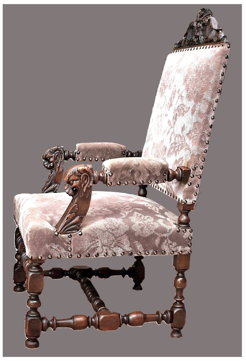 Large Renaissance-style Ceremonial Armchair - Louis XIII, 19th-century Velvet Upholstery, Walnut-photo-2
