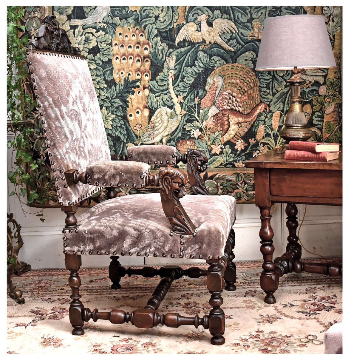 Large Renaissance-style Ceremonial Armchair - Louis XIII, 19th-century Velvet Upholstery, Walnut-photo-3