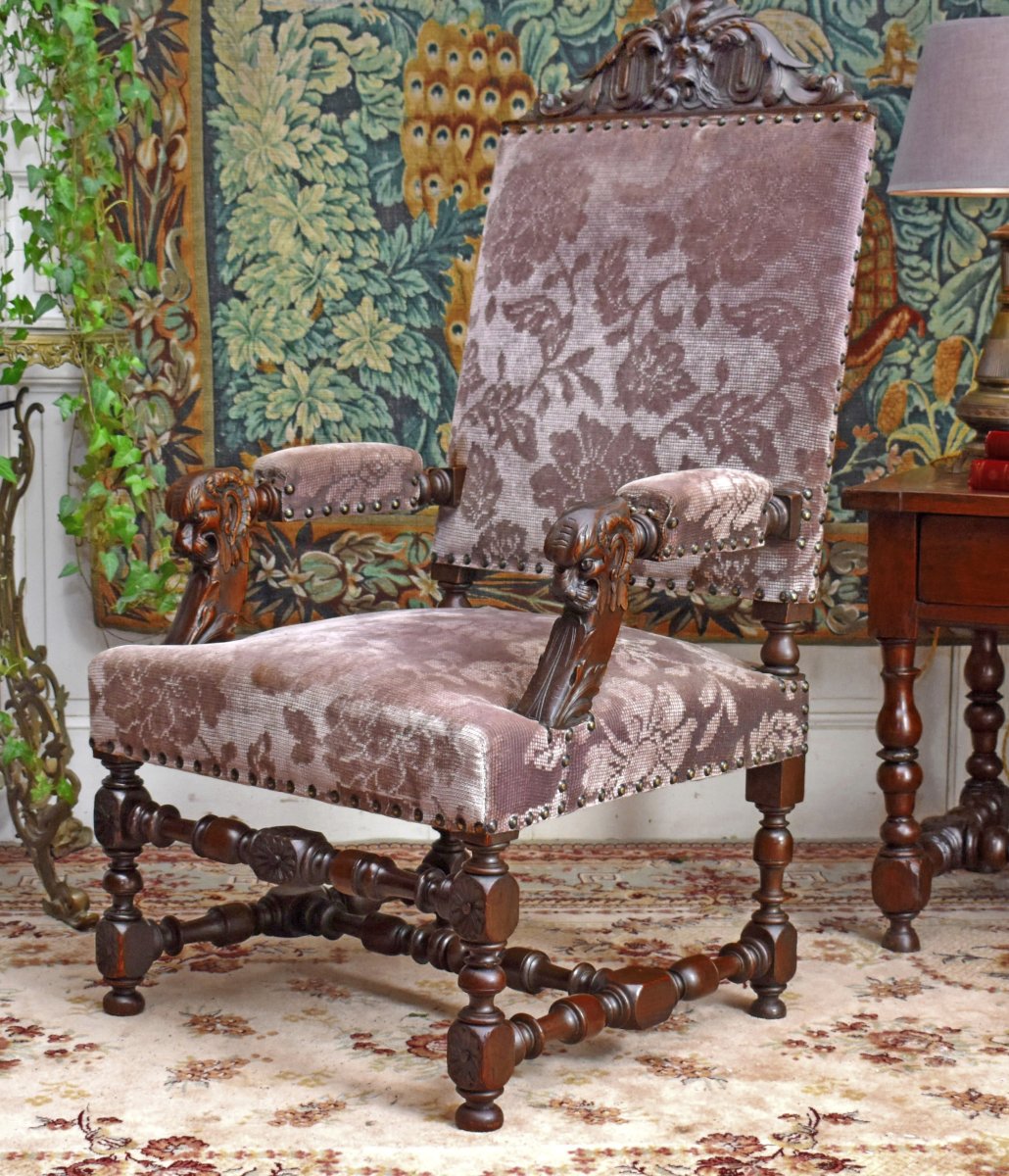 Large Renaissance-style Ceremonial Armchair - Louis XIII, 19th-century Velvet Upholstery, Walnut-photo-4