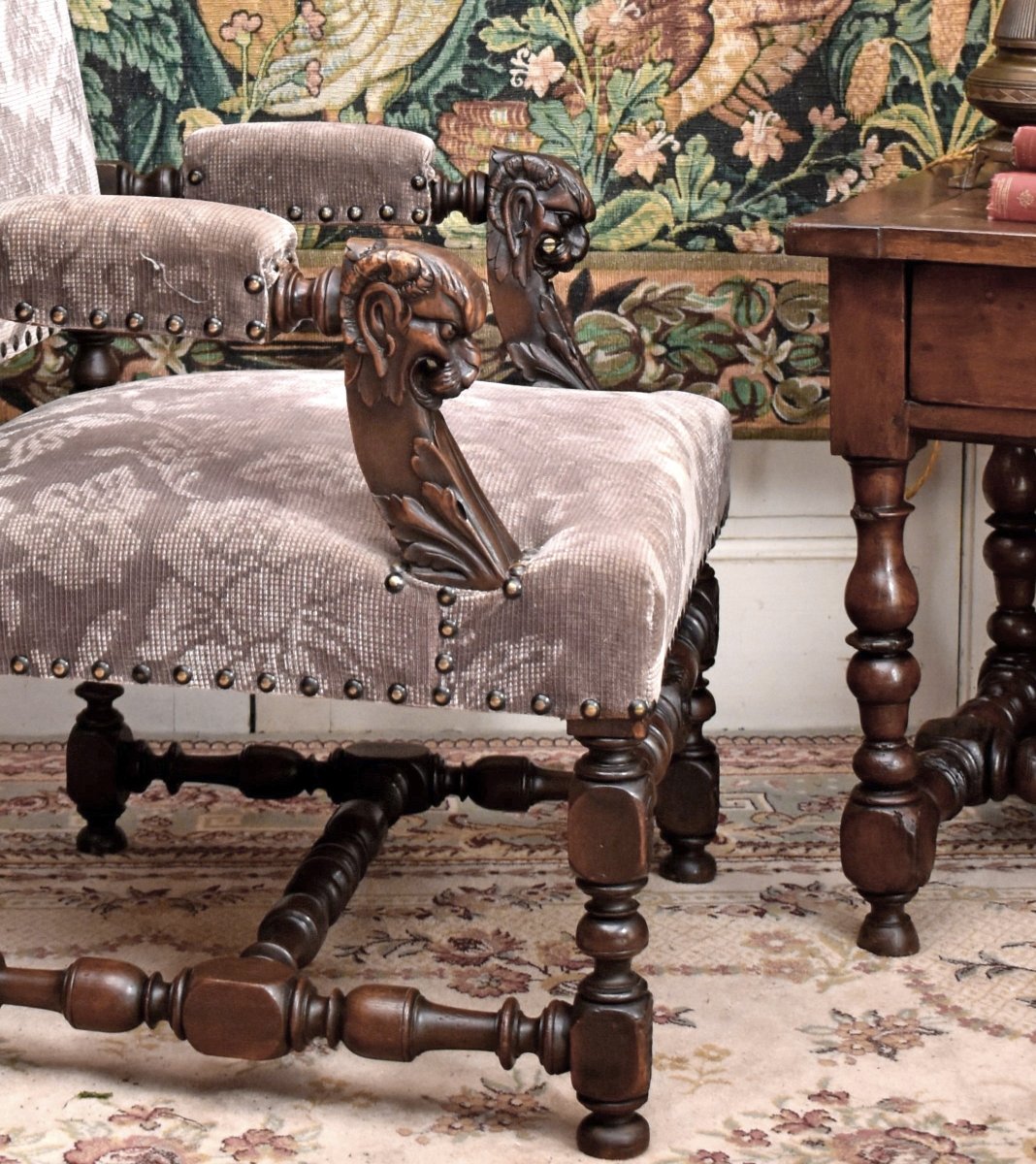 Large Renaissance-style Ceremonial Armchair - Louis XIII, 19th-century Velvet Upholstery, Walnut-photo-2