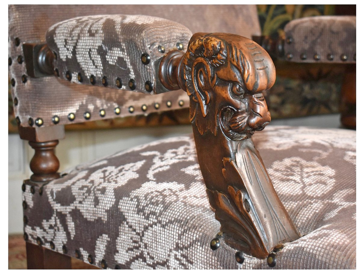 Large Renaissance-style Ceremonial Armchair - Louis XIII, 19th-century Velvet Upholstery, Walnut-photo-3