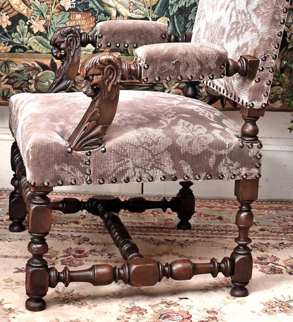 Large Renaissance-style Ceremonial Armchair - Louis XIII, 19th-century Velvet Upholstery, Walnut-photo-5