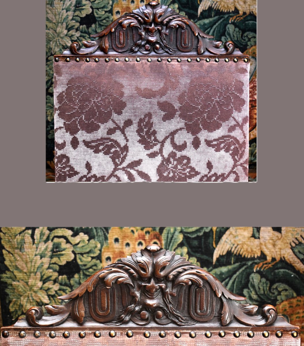Large Renaissance-style Ceremonial Armchair - Louis XIII, 19th-century Velvet Upholstery, Walnut-photo-6
