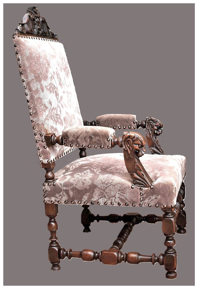 Large Renaissance-style Ceremonial Armchair - Louis XIII, 19th-century Velvet Upholstery, Walnut