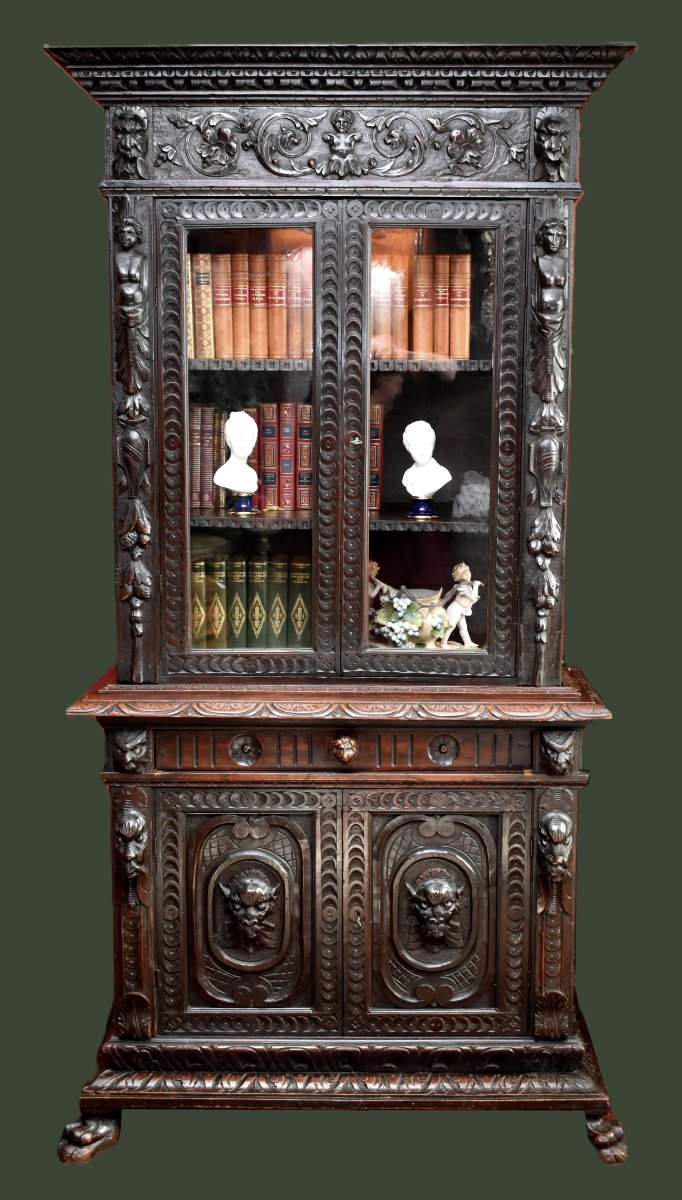 Vitrine  Style Renaissance, buffet Bibliothèque vitrée à deux corps, Mascarons, Cariatides-photo-2