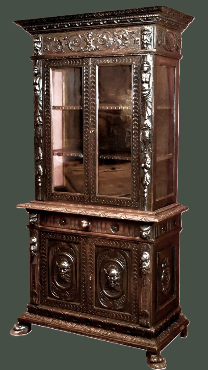 Vitrine  Style Renaissance, buffet Bibliothèque vitrée à deux corps, Mascarons, Cariatides-photo-3