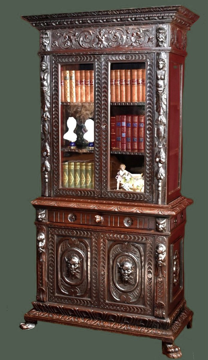 Vitrine  Style Renaissance, buffet Bibliothèque vitrée à deux corps, Mascarons, Cariatides