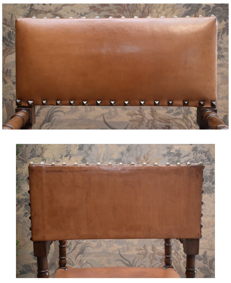 Fauteuil assise et dossier cuir, Chaise à Bras En Noyer De Style Louis XIII, idéal bureau, XIXe-photo-3