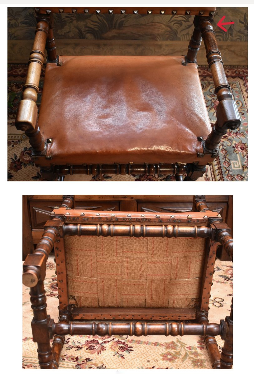 Fauteuil assise et dossier cuir, Chaise à Bras En Noyer De Style Louis XIII, idéal bureau, XIXe-photo-8