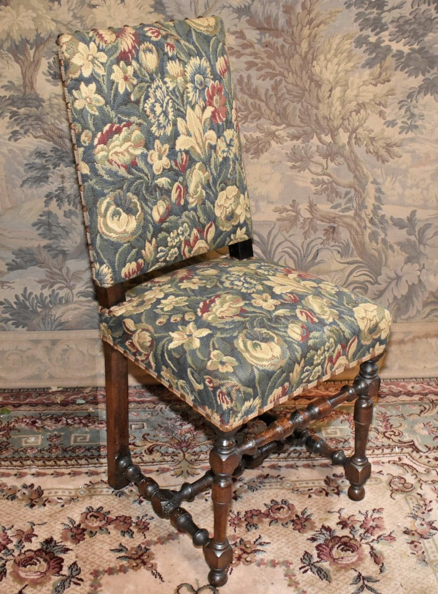 Chair With A Flat, High Back, Made Of Walnut In The Louis XIII–louis XIV Style, Late 19th Century.-photo-4
