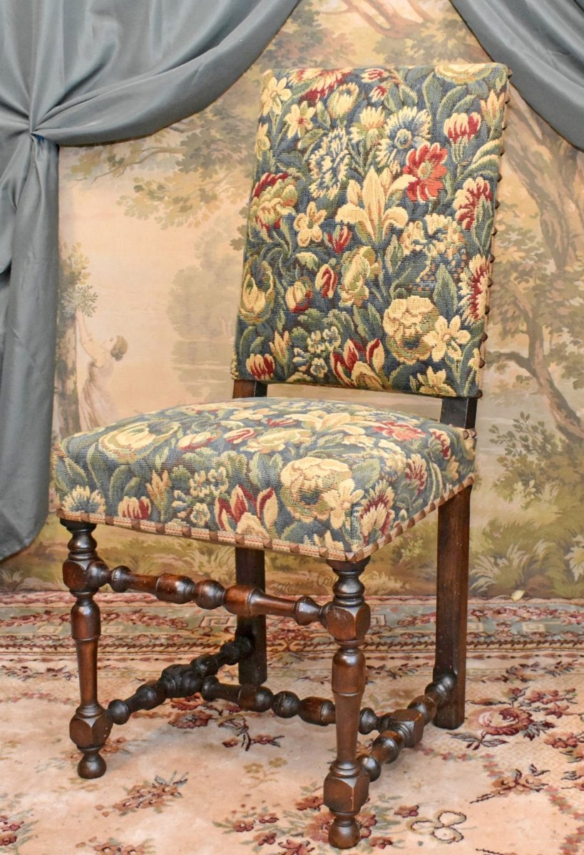 Chair With A Flat, High Back, Made Of Walnut In The Louis XIII–louis XIV Style, Late 19th Century.