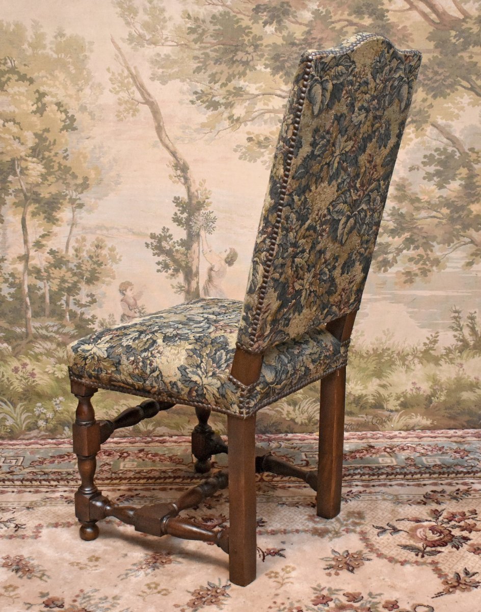 Louis XIII–louis XIV-style Chair In Walnut With A Flat, High Back, 19th Century.-photo-4