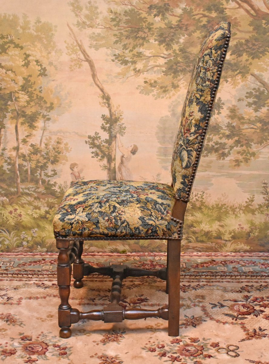 Louis XIII–louis XIV-style Chair In Walnut With A Flat, High Back, 19th Century.-photo-1