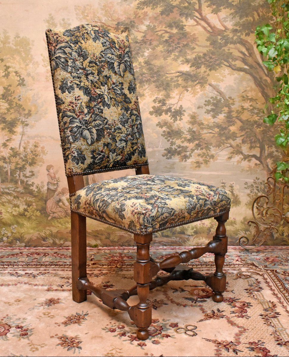 Louis XIII–louis XIV-style Chair In Walnut With A Flat, High Back, 19th Century.