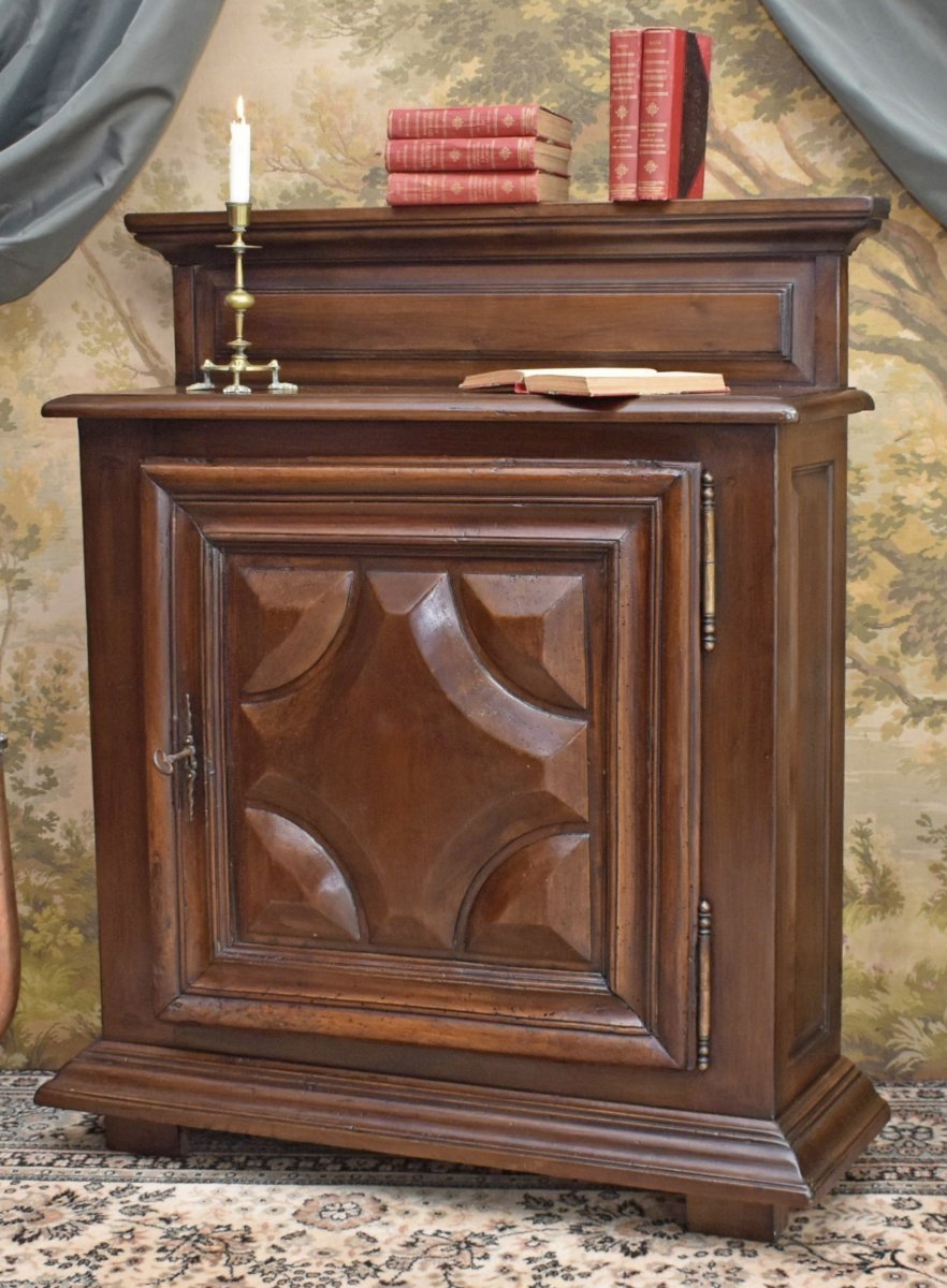 Sideboard, Louis XIII-style 1-door Sideboard In Solid Walnut With Diamond-shaped Inlays,  -photo-3
