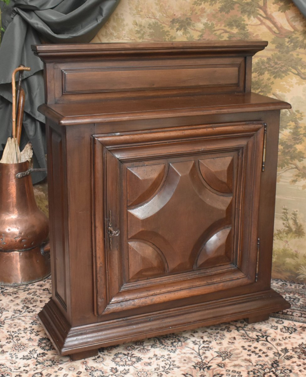 Sideboard, Louis XIII-style 1-door Sideboard In Solid Walnut With Diamond-shaped Inlays,  -photo-4