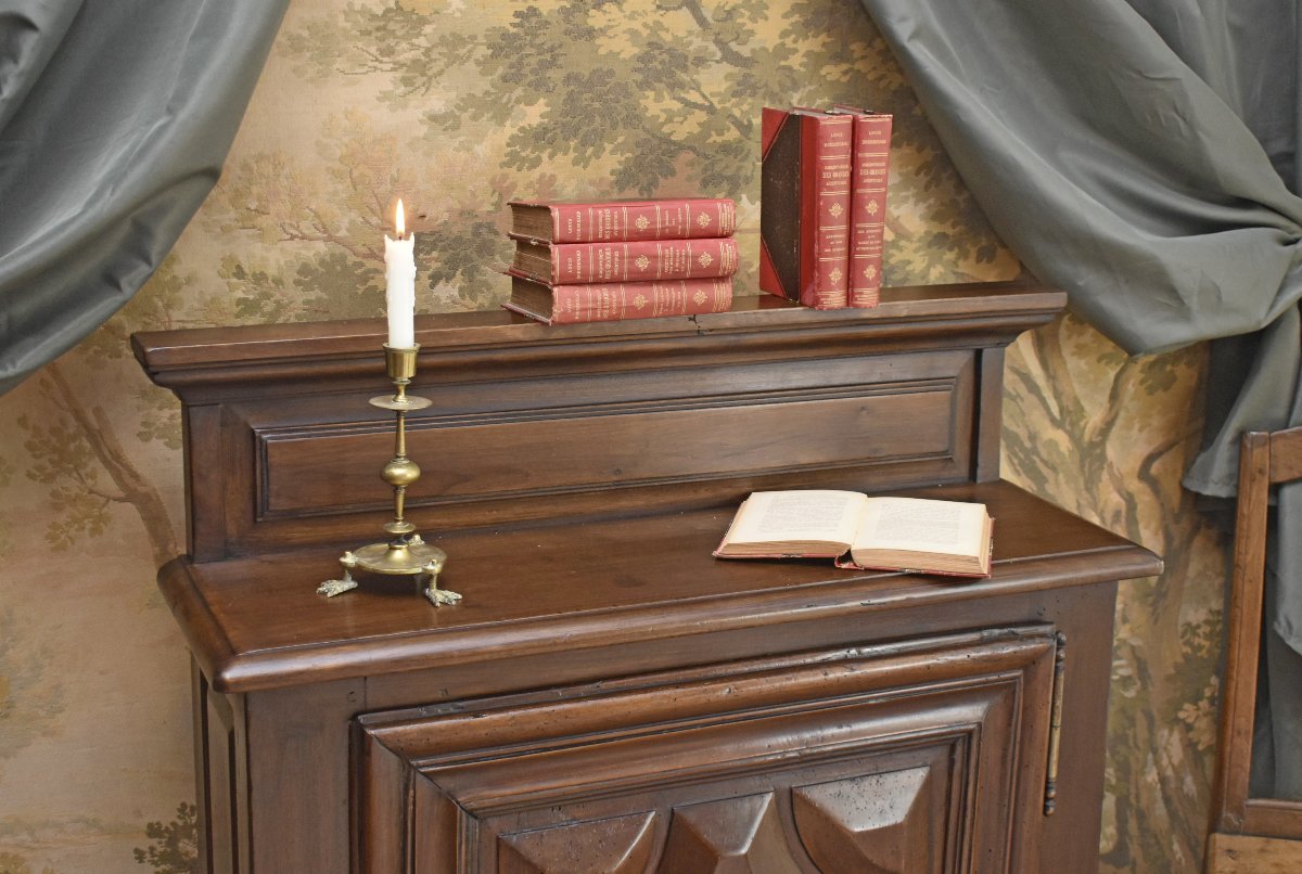 Sideboard, Louis XIII-style 1-door Sideboard In Solid Walnut With Diamond-shaped Inlays,  -photo-2