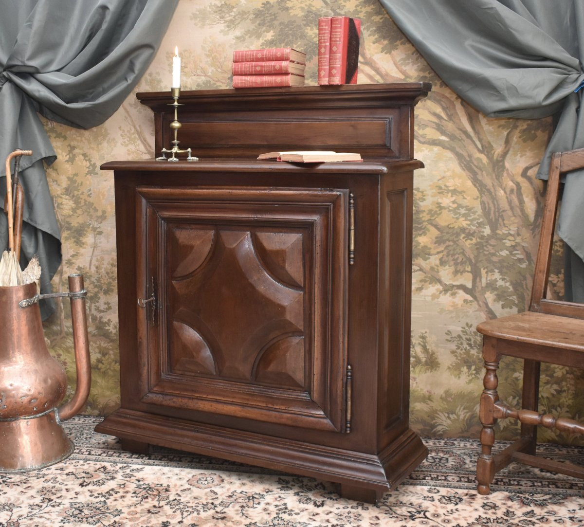 Sideboard, Louis XIII-style 1-door Sideboard In Solid Walnut With Diamond-shaped Inlays,  