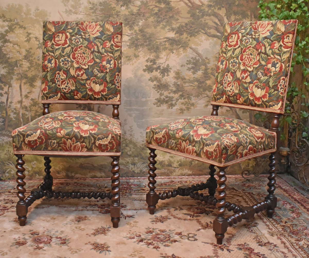 Paire De Chaises  De Style Louis XIII En Chêne , Tissu Verdure, torsades , XIXème-photo-2