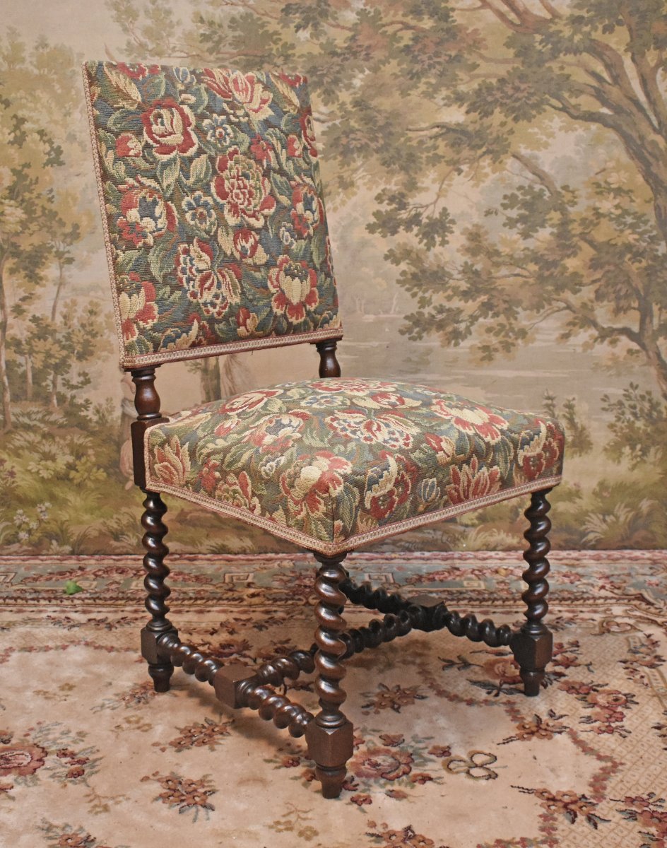 Paire De Chaises  De Style Louis XIII En Chêne , Tissu Verdure, torsades , XIXème-photo-4