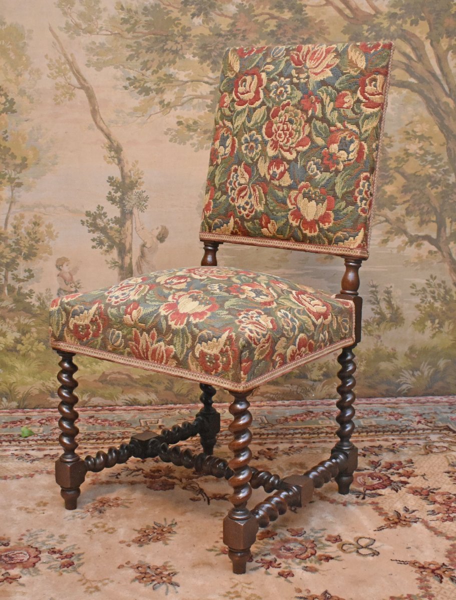 Paire De Chaises  De Style Louis XIII En Chêne , Tissu Verdure, torsades , XIXème-photo-2