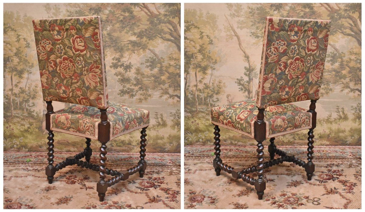 Paire De Chaises  De Style Louis XIII En Chêne , Tissu Verdure, torsades , XIXème-photo-3