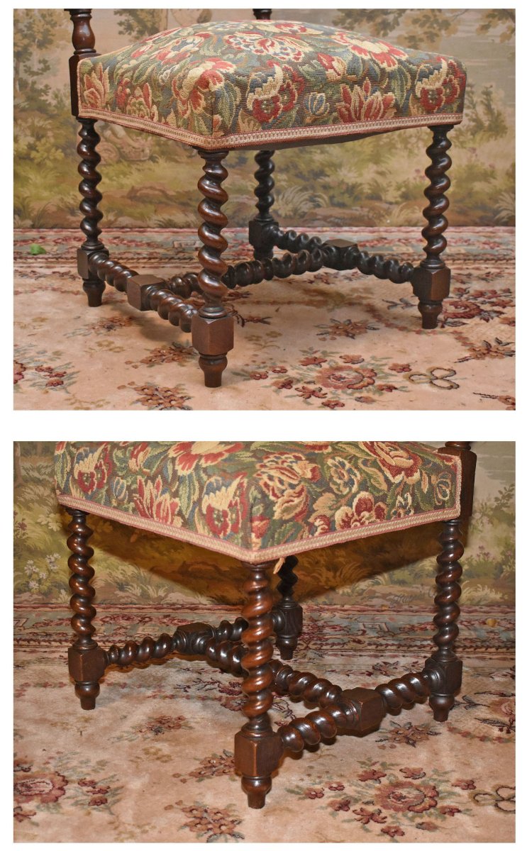 Paire De Chaises  De Style Louis XIII En Chêne , Tissu Verdure, torsades , XIXème-photo-6