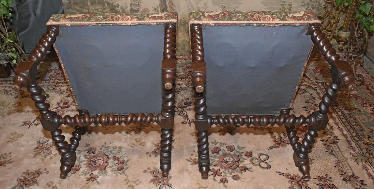 Paire De Chaises  De Style Louis XIII En Chêne , Tissu Verdure, torsades , XIXème-photo-8