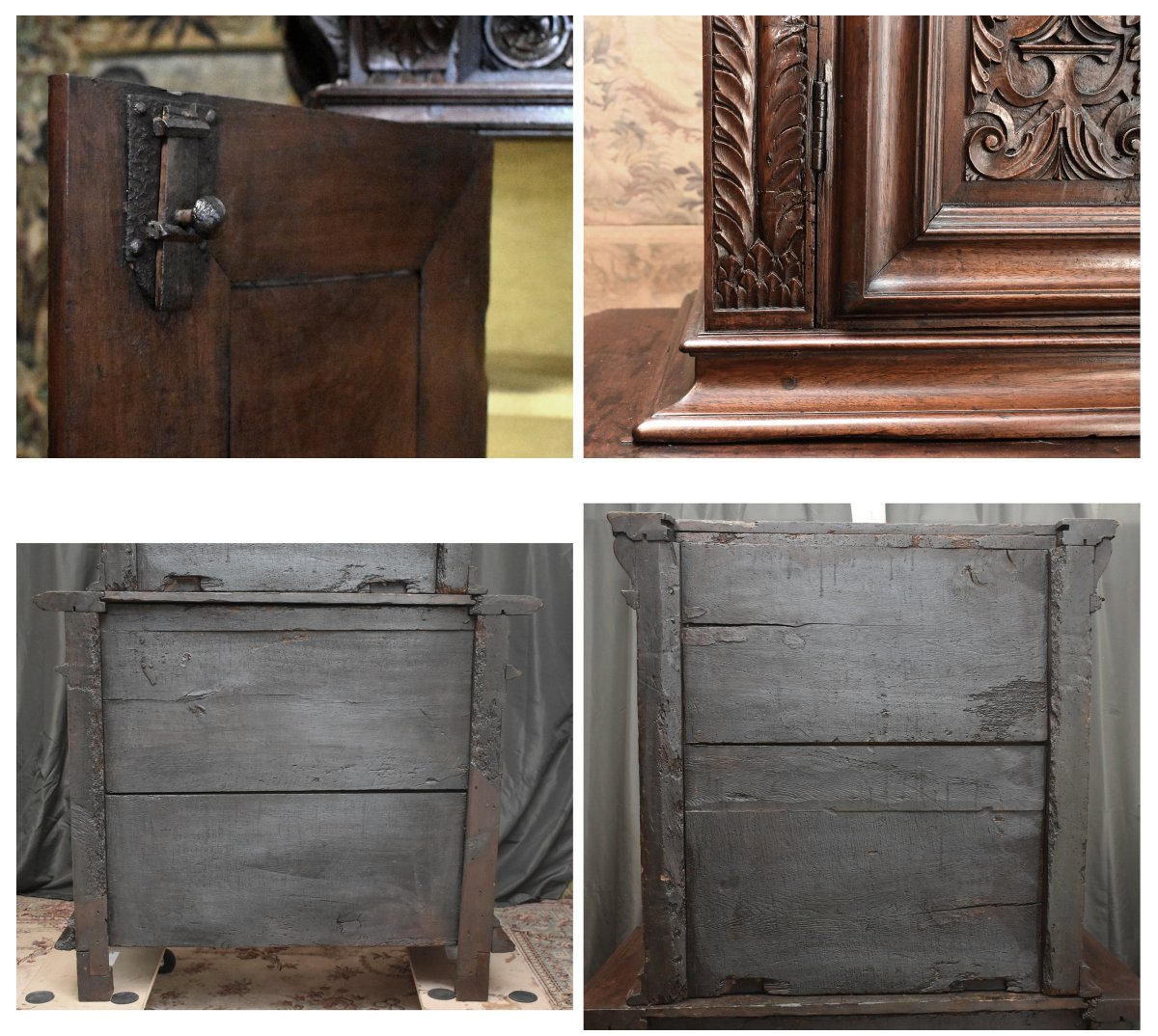 Small Renaissance Sideboard, Walnut, 2 Recessed Sections, 4 Doors, Four Panels, 17th Century   -photo-8