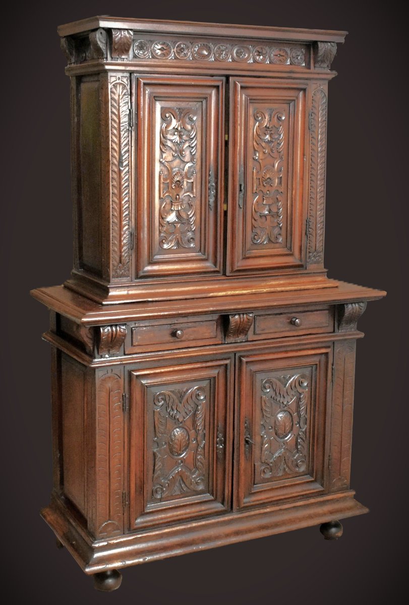 Small Renaissance Sideboard, Walnut, 2 Recessed Sections, 4 Doors, Four Panels, 17th Century   