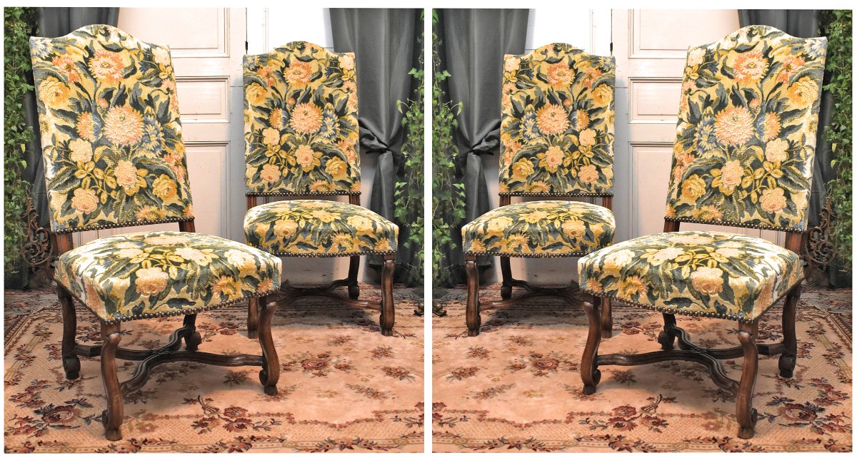 Paire De Chaises De Style Louis XIV En Noyer, Entrejambe En X, Pieds Console , tissu velours-photo-2