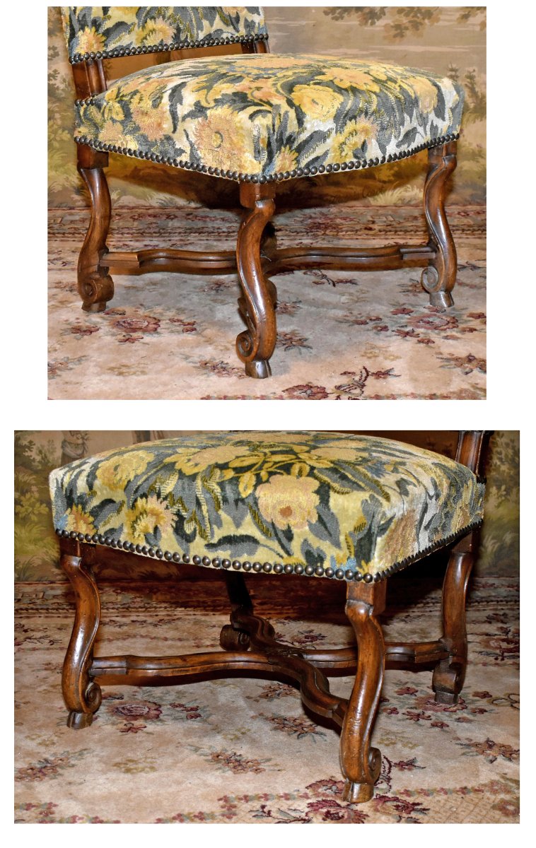 Paire De Chaises De Style Louis XIV En Noyer, Entrejambe En X, Pieds Console , tissu velours-photo-3