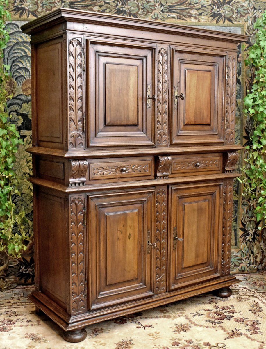 Small 4-door Renaissance-era Walnut Sideboard—louis XIII Style, Four-door Cabinet, 17th Century-photo-4