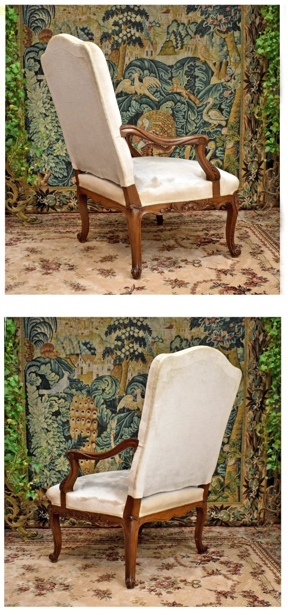 Paire de  grands Fauteuils De Style Régence à haut dossier et assise large, tissu velours, XIXe-photo-2