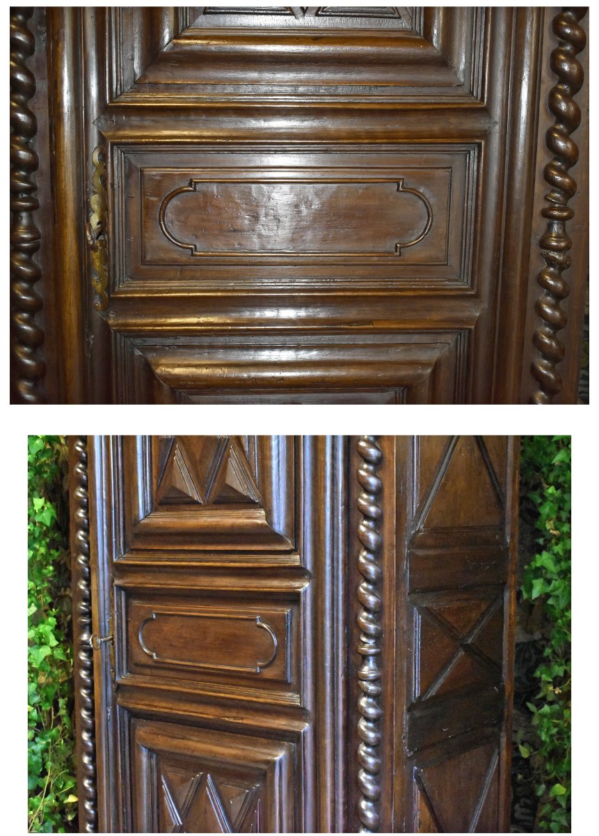 Bonnetière Louis XIII en noyer ,  pointes de diamant ,  colonnes torsadées , armoire une porte,-photo-2