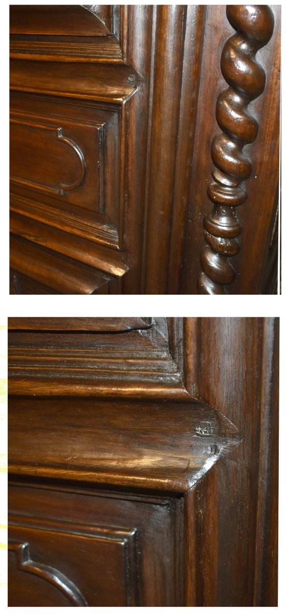 Bonnetière Louis XIII en noyer ,  pointes de diamant ,  colonnes torsadées , armoire une porte,-photo-6