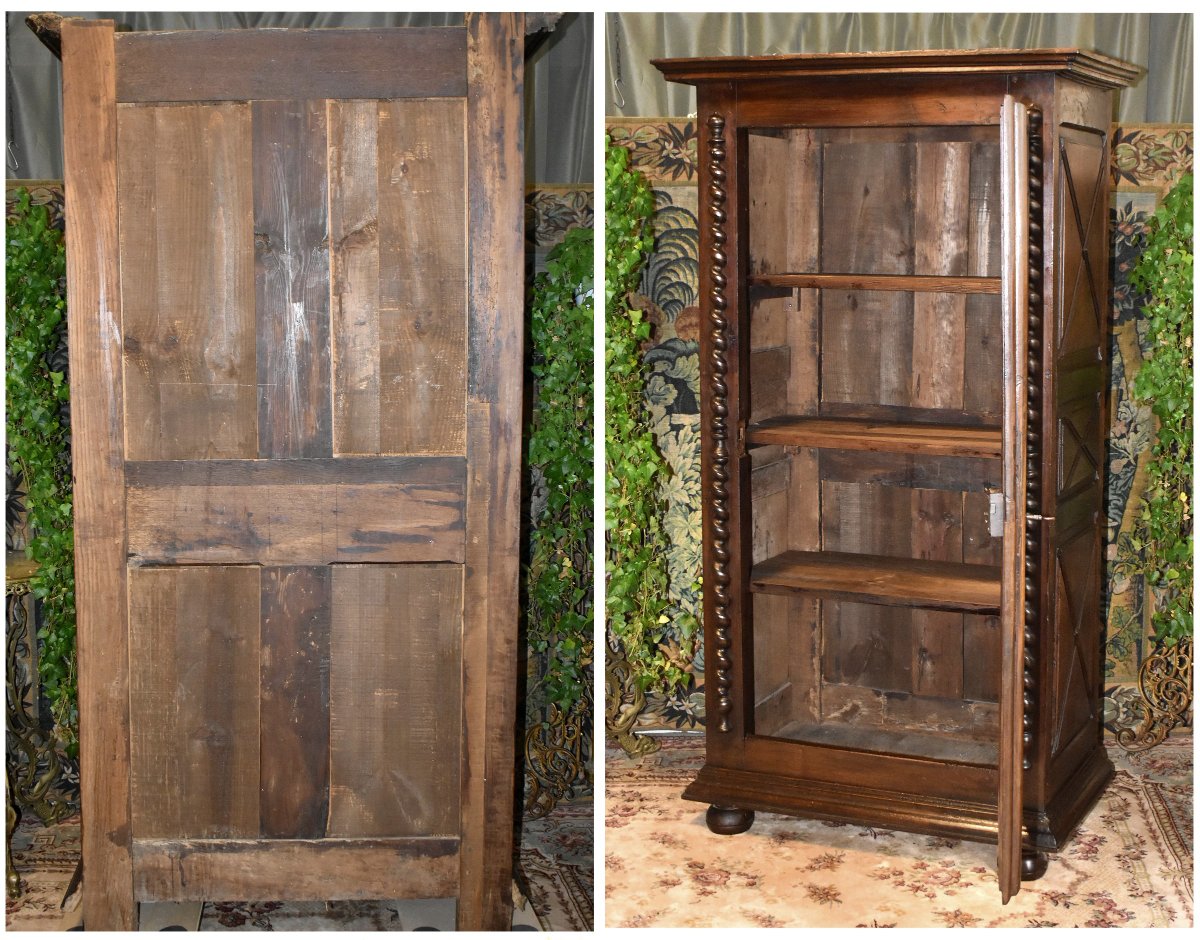 Bonnetière Louis XIII en noyer ,  pointes de diamant ,  colonnes torsadées , armoire une porte,-photo-8