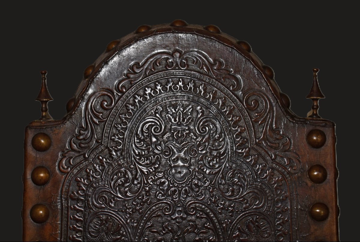 Renaissance-style Chair With A High Back And Embossed Leather Seat, 146 Cm! 19th Century -photo-4