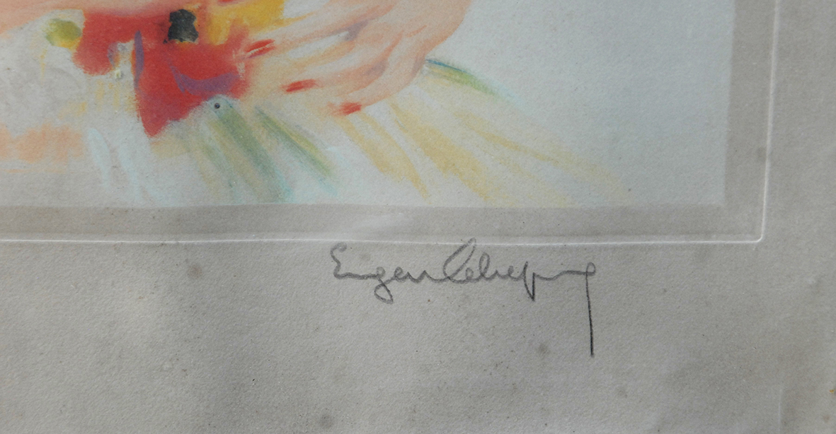 Grande Lithographie encadrée, Galante d' Eugène Leliepvre, Portrait Jeune Femme Au Bouquet.  cadre à parecloses.-photo-4