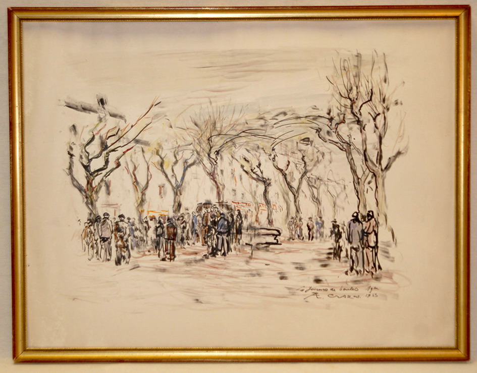 Aquarelle, Jean Crozes " Les Joueurs De Boules " 1953.