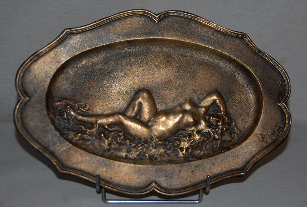 Bronze Oval Plate, Art Nouveau, Bare Nude Decoration.-photo-2