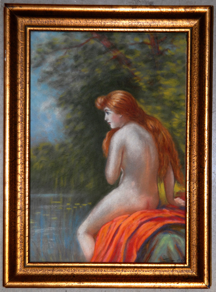 Nu féminin , Pastel Encadré, Antoine Soustre Limoges , Jeune Femme rousse ,  longs cheveux roux  Nue dans la nature.-photo-2