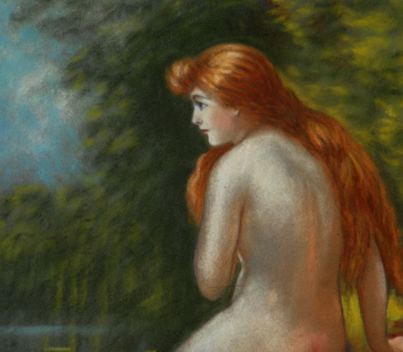 Nu féminin , Pastel Encadré, Antoine Soustre Limoges , Jeune Femme rousse ,  longs cheveux roux  Nue dans la nature.-photo-4